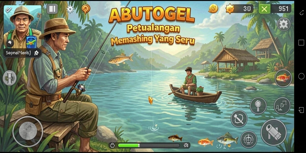 Screenshot gameplay ABUTOGEL yang menampilkan suasana memancing yang mendebarkan.