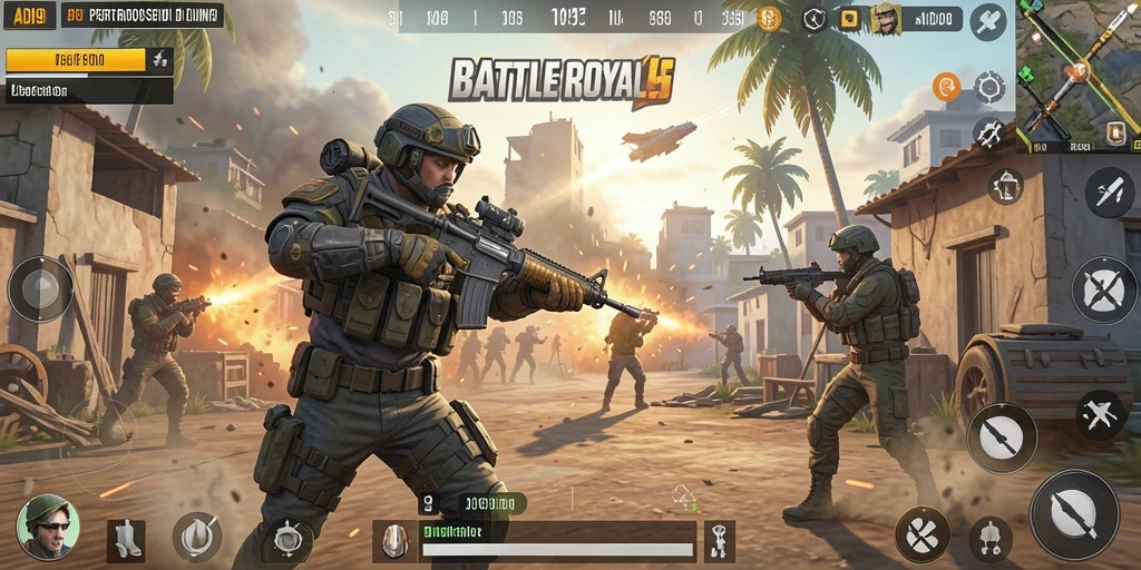 Screenshot gameplay ADI99 menunjukkan pertempuran seru di arena Battle Royale.
