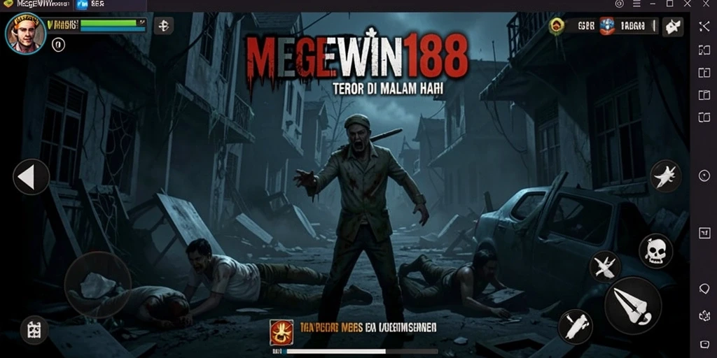 Screenshot utama MEGEWIN188 menunjukkan karakter menghadapi hantu dalam kegelapan.